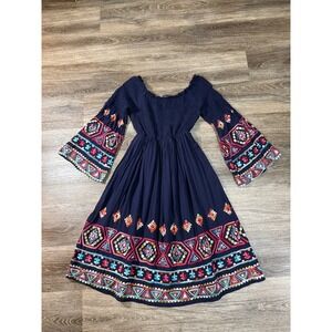 Embroidered Boho Smocked Bell Sleeve Mini Dress Womens S Navy Blue Basil‎ Lola